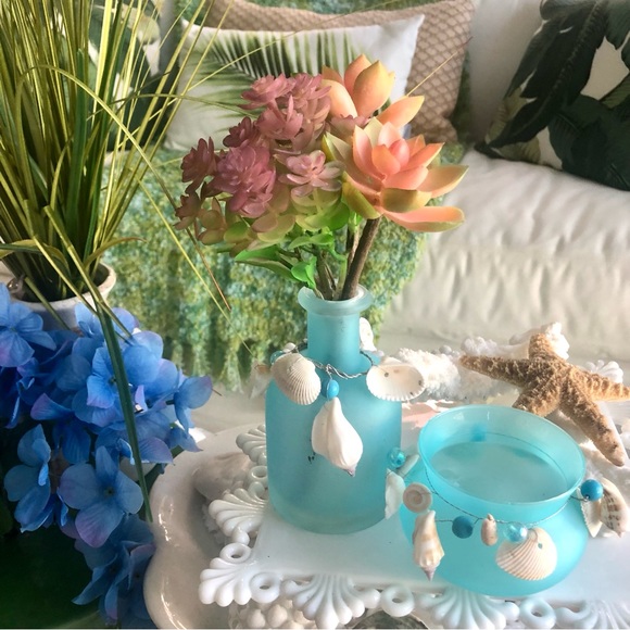 New! Sweet Set Frosted Ocean Turquoise Blue Vase & Votive - Picture 1 of 5